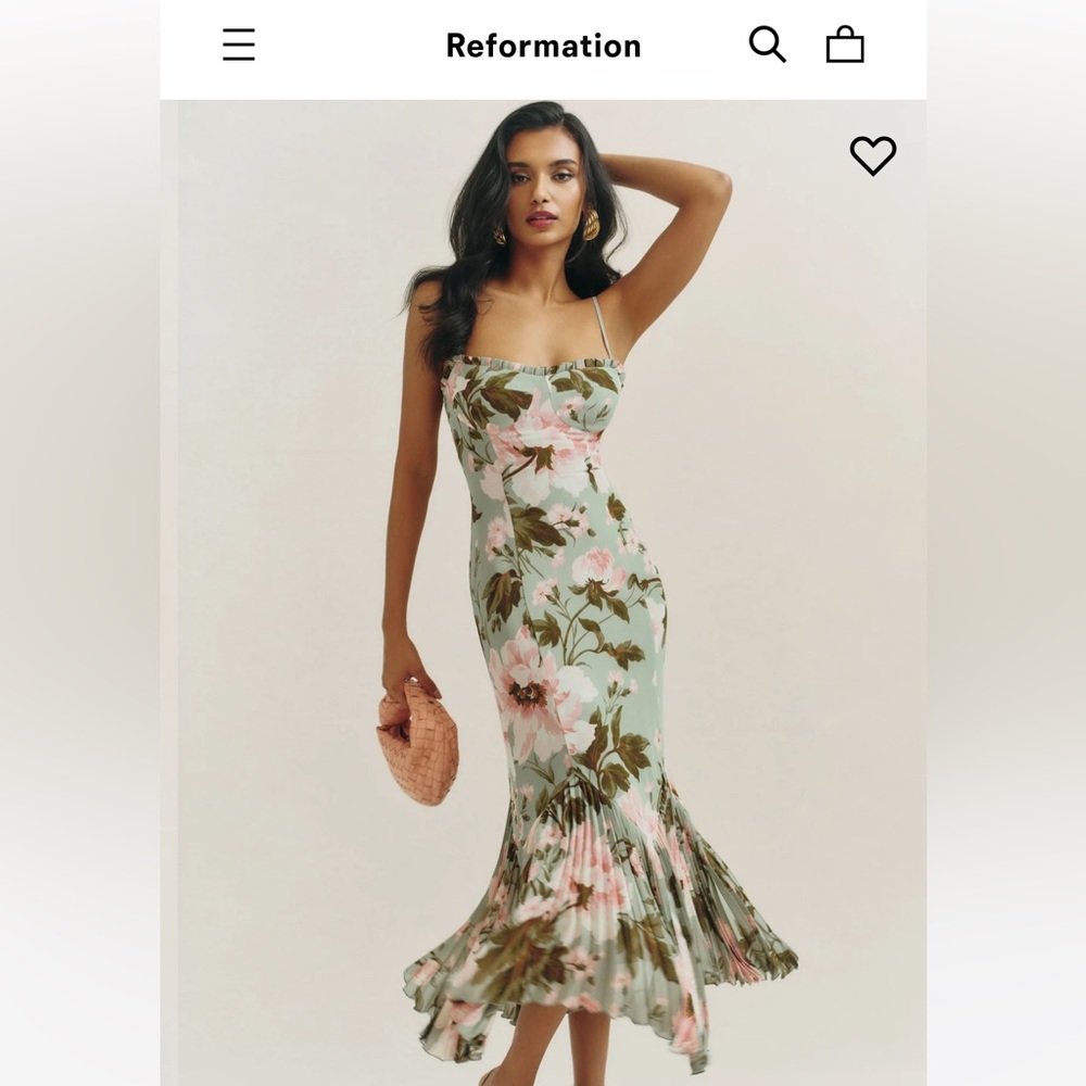 Reformation Aiko Olive Green Dress with Pink Accents ruffle bottom